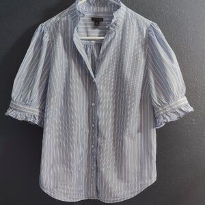 Ann Taylor Light Blue Striped Button-Up Puffed Ruffle Sleeves And Collar Blouse
